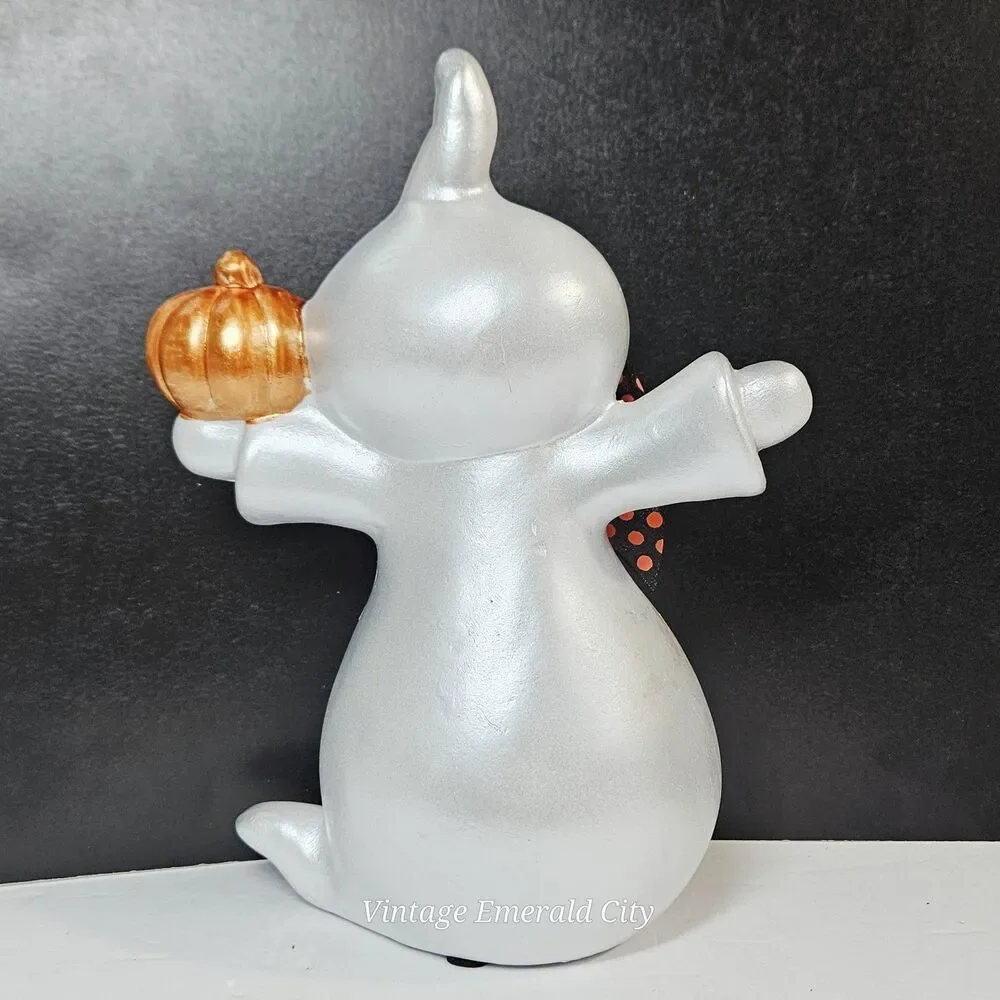 VTG Spook-tacular Ghost Halloween Ceramic Statue Pearl White Black Dot Bow Decor